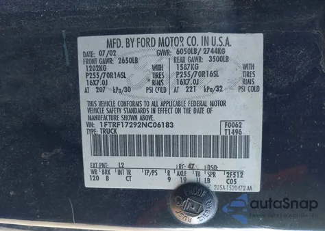 2002 Ford F-150 Xl/Xlt z USA, uszkodzony, nr VIN 1FTRF17292NC06183